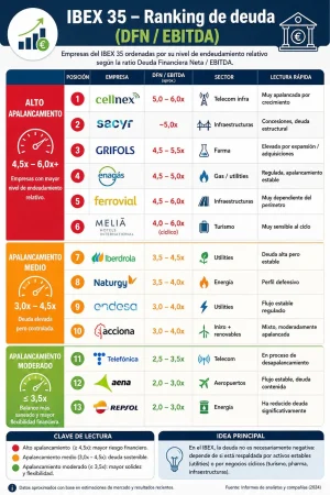 Cellnex, Sacyr y Ferrovial son las más endeudadas del Ibex 35 por DFN/Ebitda 2 Merca2 Firmas más endeudadas del Ibex 35 por DFN/Ebitda Imagen: Merca2