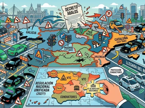 Imagen de la pieza sobre Uber, Cabify y Bolt y el Decreto Ábalos Generada con IA. Imagen de la pieza sobre Uber, Cabify y Bolt y el Decreto Ábalos Generada con IA.