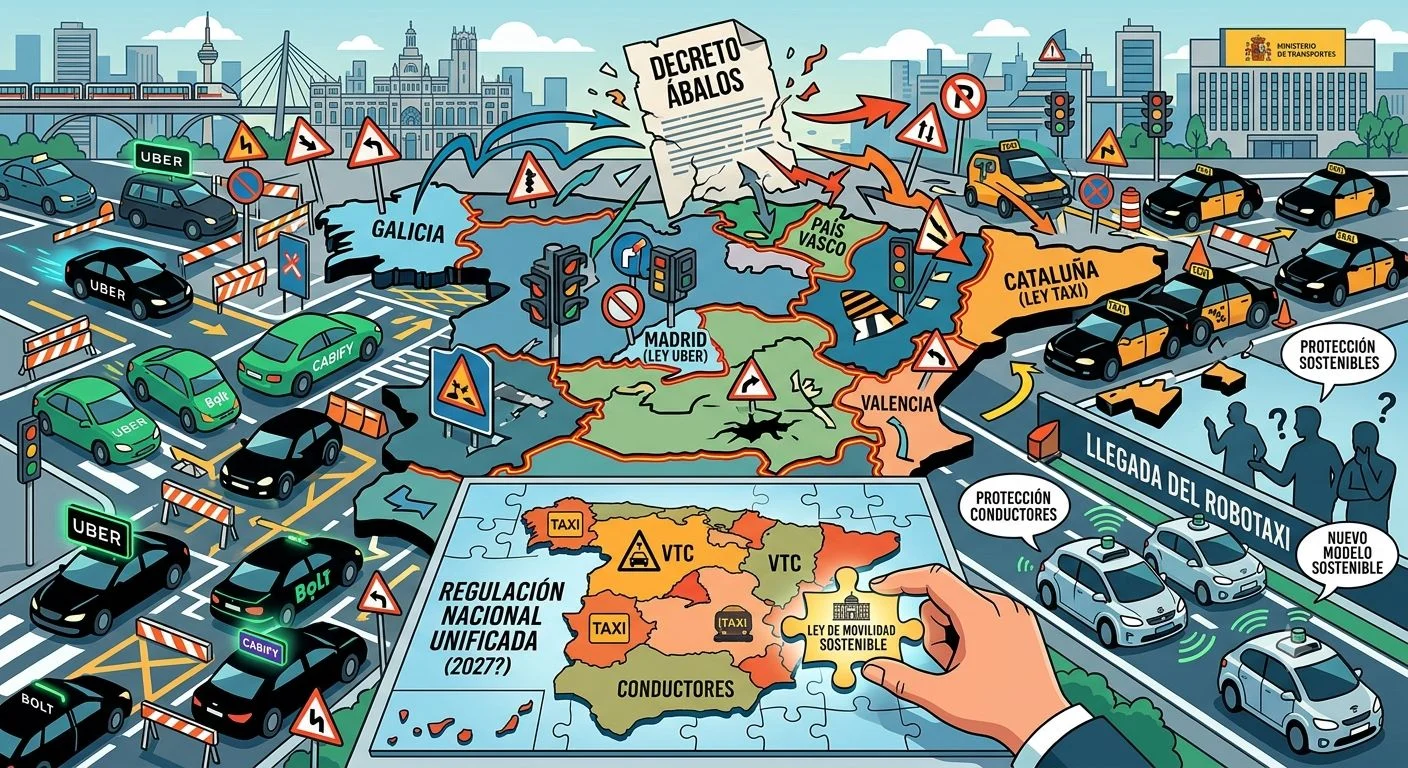 Imagen de la pieza sobre Uber, Cabify y Bolt y el Decreto Ábalos Generada con IA. Imagen de la pieza sobre Uber, Cabify y Bolt y el Decreto Ábalos Generada con IA.