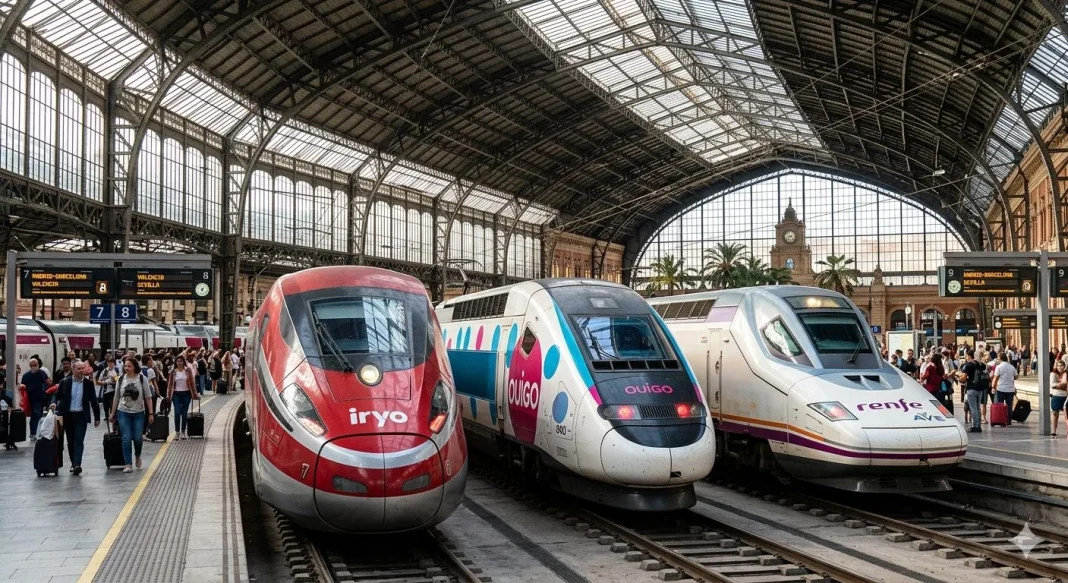 Imagen de la situación de Ouigo, Iryo y Renfe. Generada con IA Imagen de la situación de Ouigo, Iryo y Renfe. Generada con IA