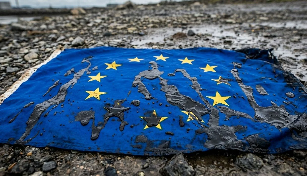Bandera de la Unión Europea manchada de petróleo. Fuente: IA, Merca2. ¿Por qué Repsol podría convertirse en un activo clave para la seguridad energética europea?