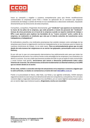 La "jugada" de Glovo que indigna a CCOO: un convenio clandestino a espaldas del sindicato mayoritario 3 Merca2 Comunicado de CCOO para los riders de Glovo. Pagina 2 Merca2