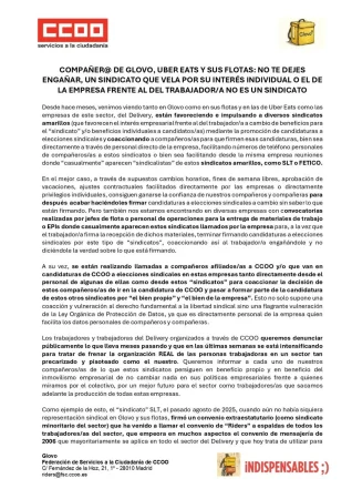 La "jugada" de Glovo que indigna a CCOO: un convenio clandestino a espaldas del sindicato mayoritario 2 Merca2 Comunidado de CCOO para los trabajadores de Glovo y Uber Eats. Merca2