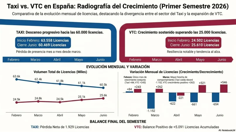 El mapa que confirma el cambio de era en España: 2.000 taxis menos frente al desembarco masivo de Uber, Cabify y Bolt 1 Merca2 Crecimiento mes a mes del Taxi y las VTC