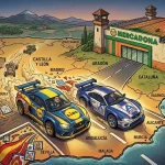 Lidl y Aldi representados en dos coches en una lucha por cuota de mercado en España, mientras Mercadona vigila desde un fuerte.