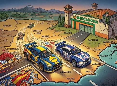 Lidl y Aldi persiguen la cuota de mercado de Mercadona Lidl y Aldi representados en dos coches en una lucha por cuota de mercado en España, mientras Mercadona vigila desde un fuerte.