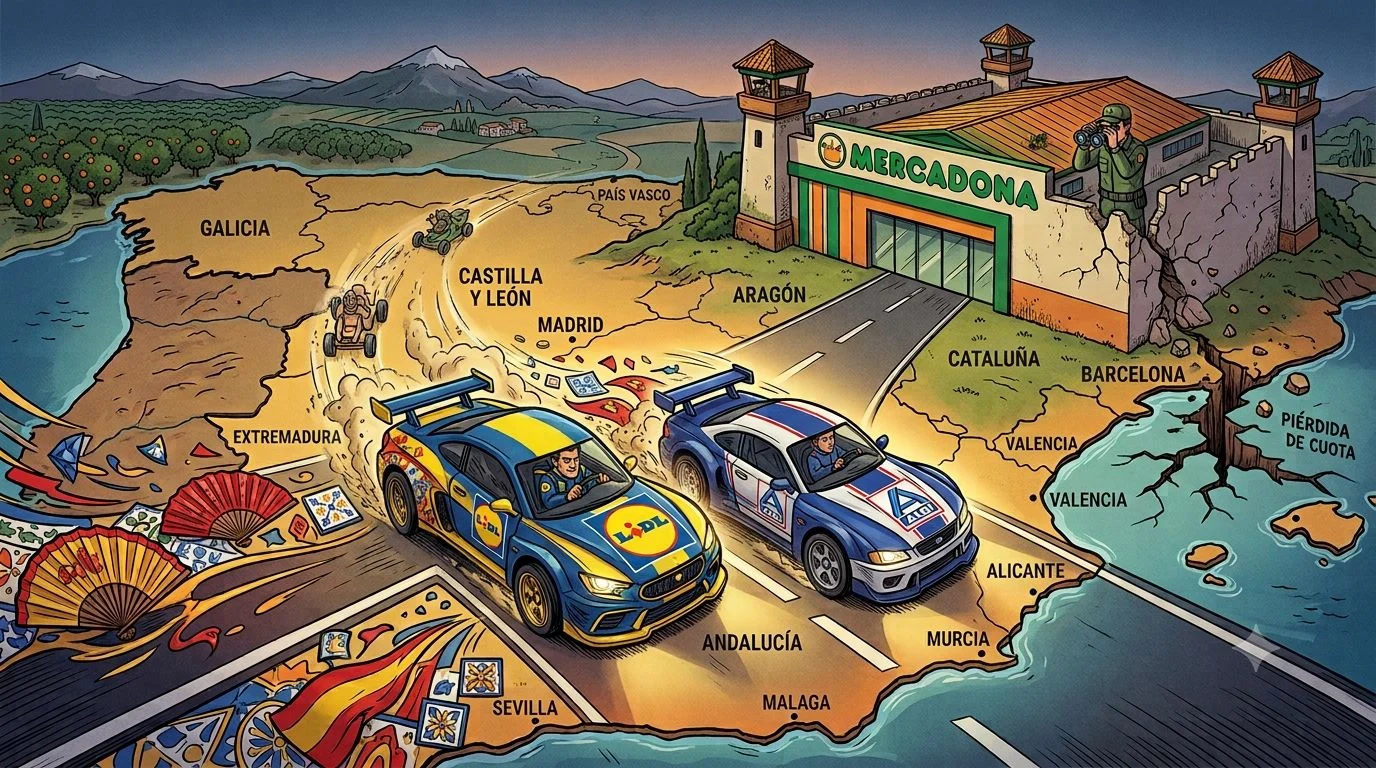 Lidl y Aldi persiguen la cuota de mercado de Mercadona Lidl y Aldi representados en dos coches en una lucha por cuota de mercado en España, mientras Mercadona vigila desde un fuerte.