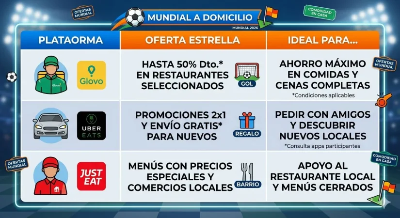 Glovo, Uber y Just Eat empatan con Carrefour, Alcampo y Lidl en sus ofertas del Mundial, como España 2 Merca2 Comparativa ofertas Glovo, Uber Eats y Just Eat