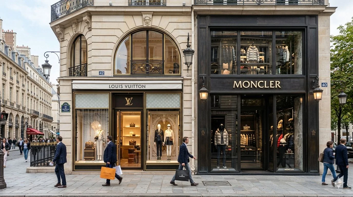La subida de las bolsas pone a prueba al lujo: Louis Vuitton y Moncler tienen la respuesta Dos locales juntos uno de Louis Vuitton y el otro de Moncler
