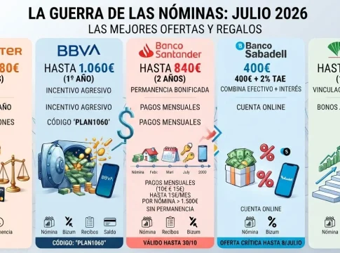 BBVA, Bankinter, Unicaja, Banco Sabadell y Banco Santander en un gráfico con todas sus condiciones para llevar la nómina en julio de 2026. BBVA, Bankinter, Unicaja, Banco Sabadell y Banco Santander en un gráfico con todas sus condiciones para llevar la nómina en julio de 2026.
