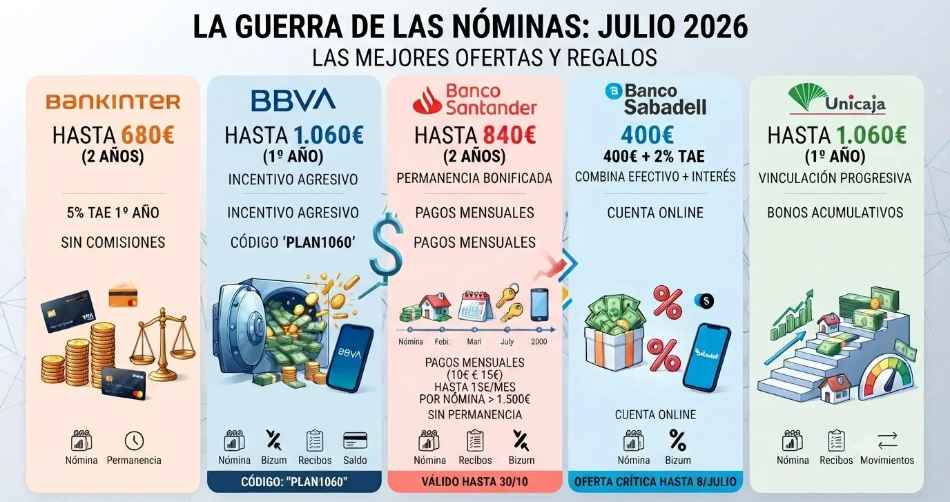 BBVA, Bankinter, Unicaja, Banco Sabadell y Banco Santander en un gráfico con todas sus condiciones para llevar la nómina en julio de 2026. BBVA, Bankinter, Unicaja, Banco Sabadell y Banco Santander en un gráfico con todas sus condiciones para llevar la nómina en julio de 2026.