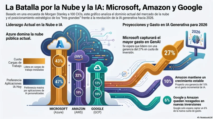 El «Big Three» se rompe: Microsoft supera a Google y Amazon en la carrera por el presupuesto de la IA 1 Merca2 Grafico de la competencia de la nube y la IA Merca2