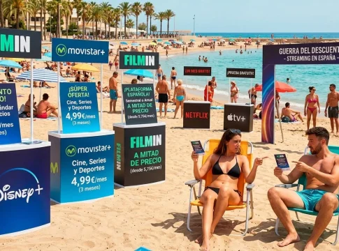 Movistar, Filmin y las plataformas compiten en las vacaciones. Diseñada con Intelgencia Artificial Movistar, Filmin y las plataformas compiten en las vacaciones. Diseñada con Intelgencia Artificial