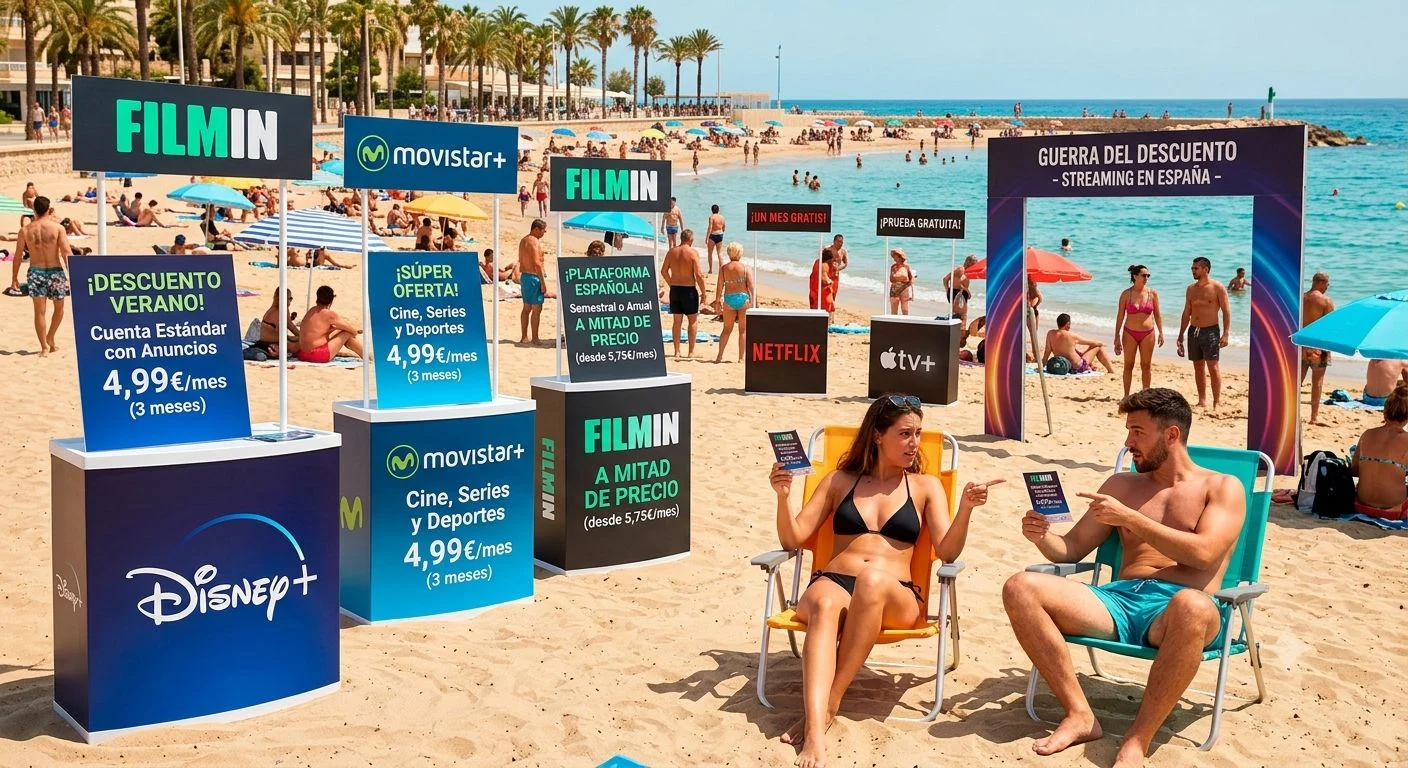 Movistar, Filmin y las plataformas compiten en las vacaciones. Diseñada con Intelgencia Artificial Movistar, Filmin y las plataformas compiten en las vacaciones. Diseñada con Intelgencia Artificial