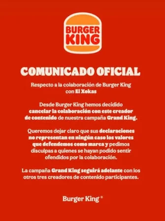 Burger King cancela al Xokas para no cancelar a los inútiles de su departamento de marketing 2 Merca2 Comunicado de Burger King