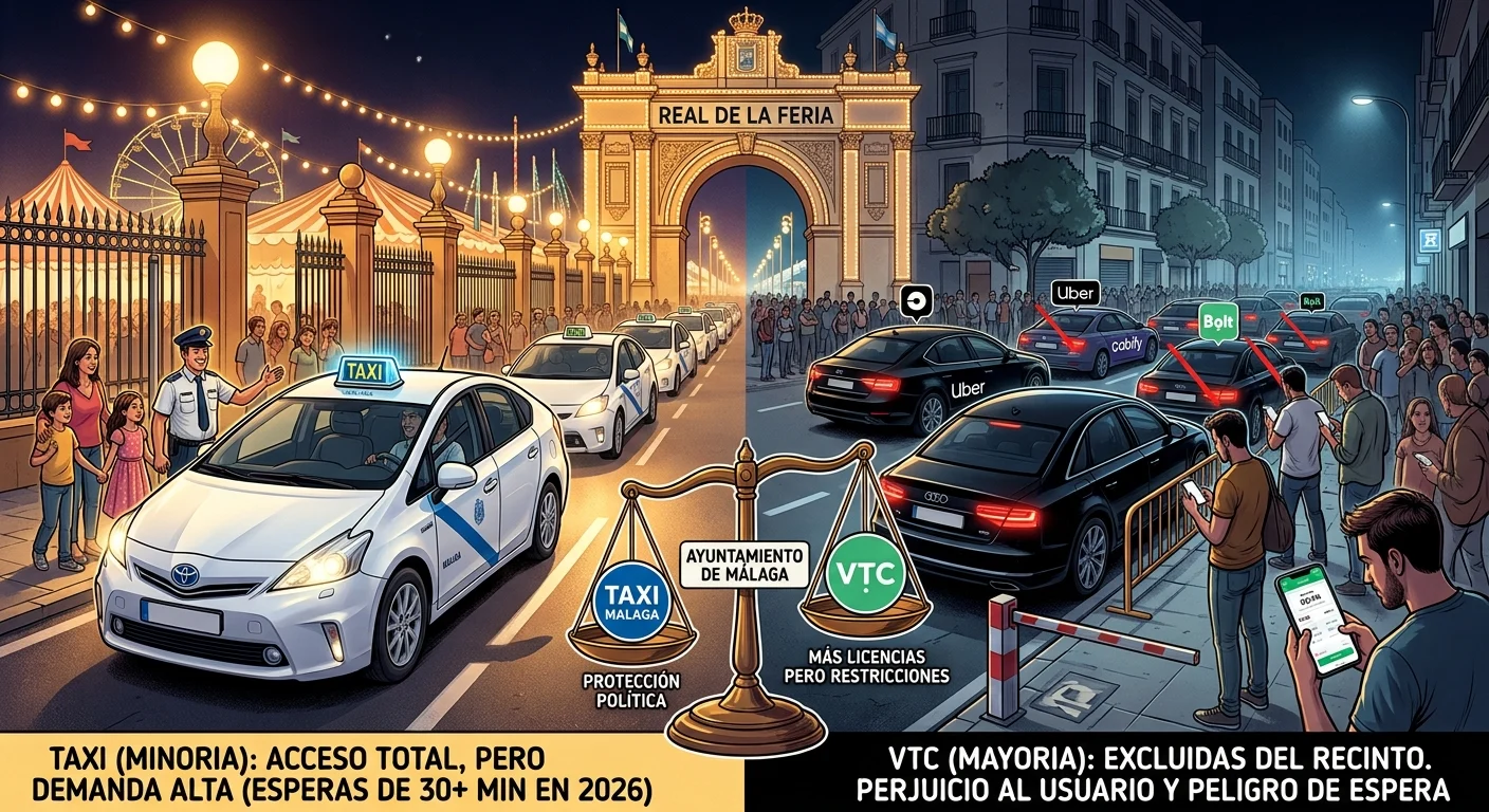 Duelo entre Uber y el taxi en la Feria de Málaga. Diseñada con IA Duelo entre Uber y el taxi en la Feria de Málaga. Diseñada con IA