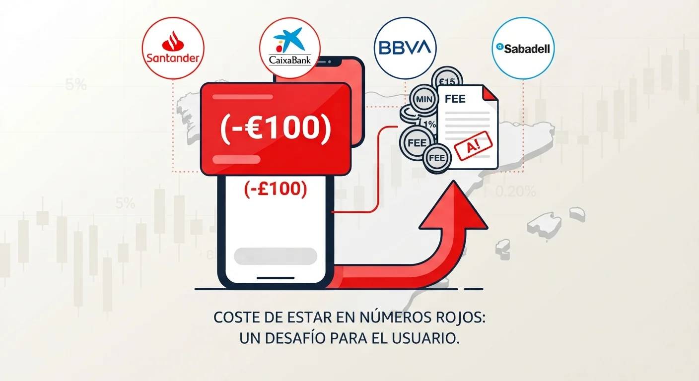Tu cuenta puede cobrarte 15 euros por estar en números rojos: lo que Santander, BBVA, CaixaBank y Sabadell aplican Tu cuenta puede cobrarte 15 euros por estar en números rojos: lo que Santander, BBVA, CaixaBank y Sabadell aplican