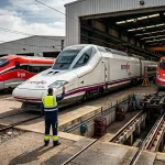 Imagen de los trenes de Iryo en el taller de Renfe. Diseñada con IA