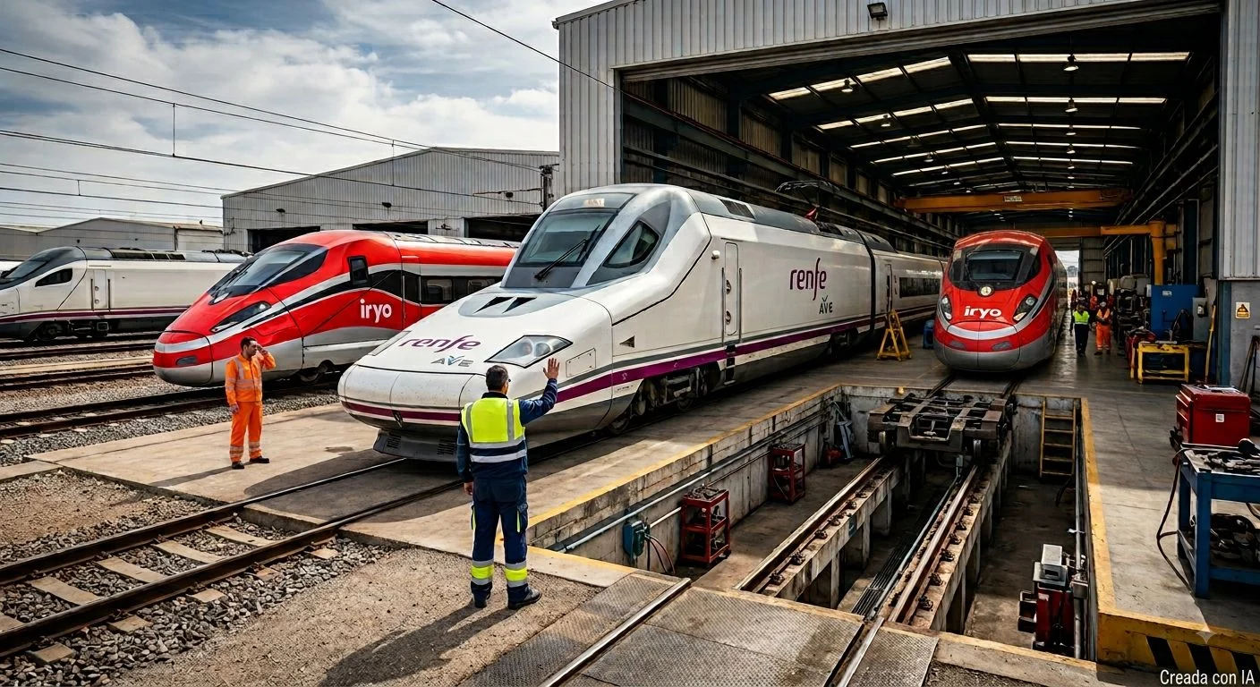Imagen de los trenes de Iryo en el taller de Renfe. Diseñada con IA