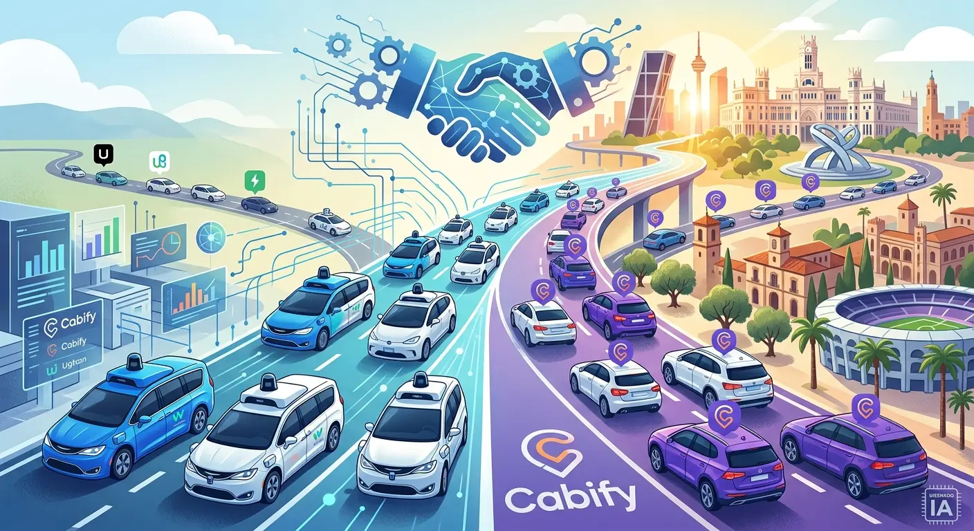 Imagen pieza posible acuerdo Waymo y Cabify. Diseñada con IA Imagen pieza posible acuerdo Waymo y Cabify. Diseñada con IA