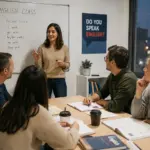 El negocio de enseñar inglés en España se reordena: menos matrícula de septiembre y más adulto trabajador 1 Merca2 Profesional adulto en una clase de inglés de grupo reducido en horario de tarde.