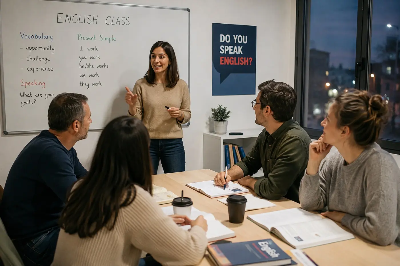 Profesional adulto en una clase de inglés de grupo reducido en horario de tarde.