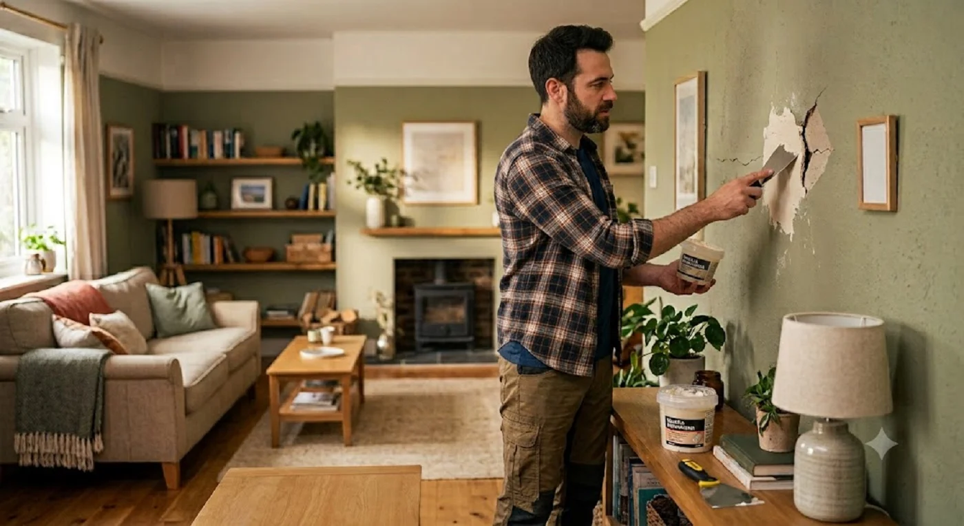Un hombre haciendo bricolaje en su casa. IA