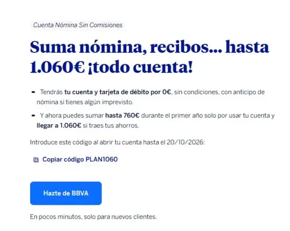 Los bancos aprietan para quedarse con tu nómina en octubre: BBVA llega a 1.060 euros, Cajamar a 750 e ING y Sabadell a 400 1 Merca2 BBVA