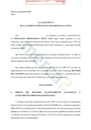 El golpe de Élite Taxi a Free Now en el Tribunal Supremo: acusan a la plataforma de competencia desleal 1 Merca2 Pagina del recurso contra Free Now.