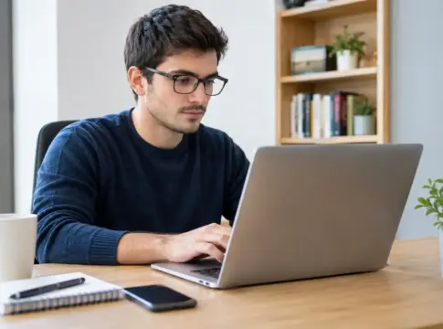 Un hombre trabajando con el ordenador portatil. IA Un hombre trabajando con el ordenador portatil. IA