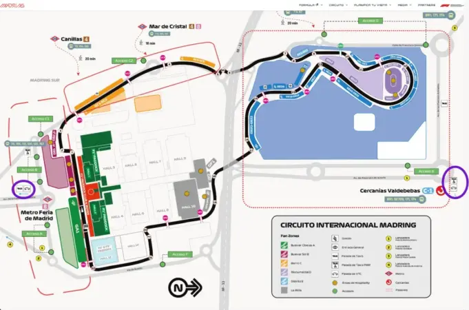 Dónde te dejará y te recogerá Cabify en el circuito de F1 de Madrid y los conciertos de Shakira 2 Merca2 Los puntos de recogida de la Fórmula 1 marcados en morado. Fuente: Cabify