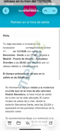 El incendio del AVE obliga a Renfe, Iryo y Ouigo a pagar miles de indemnizaciones en plena operación retorno 2 Merca2 Aviso de Ouigo a sus usuarios. Imagen de Merca2