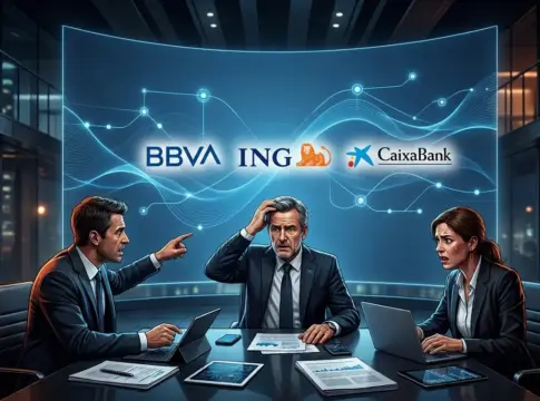 IA_BBVA_CAIXABANK_ING Una mesa con directivos de bancos tratando sobre la IA y su efecto en CaixaBank, ING y BBVA