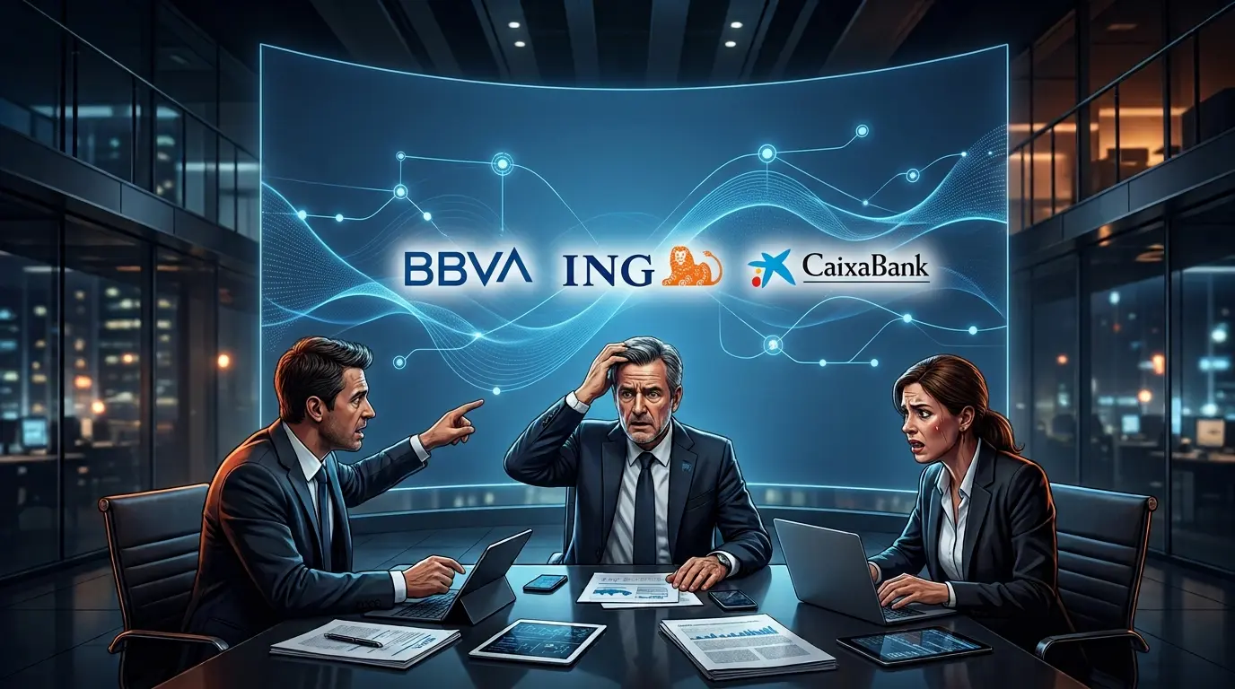 Una mesa con directivos de bancos tratando sobre la IA y su efecto en CaixaBank, ING y BBVA