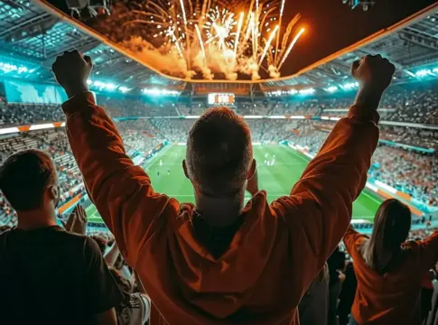 Personas celebrando un gol en un estadio de fútbol. Personas celebrando un gol en un estadio de fútbol.