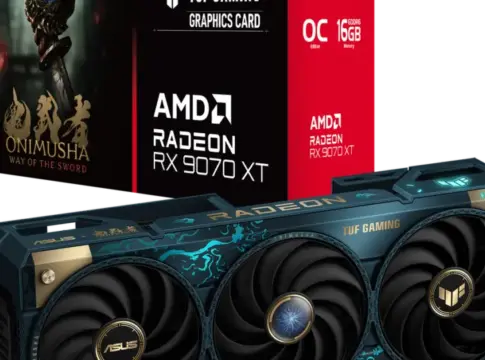 Tarjeta Radeon RX 9070 XT Onimusha Tarjeta gráfica ASUS TUF Gaming Radeon RX 9070 XT azul y dorada junto a su caja