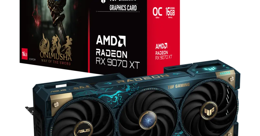 Tarjeta Radeon RX 9070 XT Onimusha Tarjeta gráfica ASUS TUF Gaming Radeon RX 9070 XT azul y dorada junto a su caja