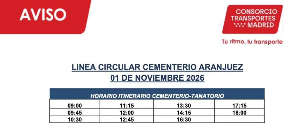Horario de línea circular al cementerio Aviso gráfico con horarios de la línea circular al cementerio de Aranjuez