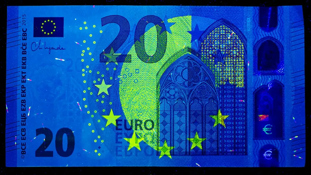 A close up of a 20 euro bill