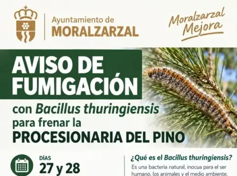 Aviso de fumigación en Moralzarzal Cartel municipal anuncia fumigación contra la procesionaria del pino en Moralzarzal.