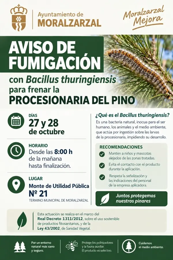 Cartel municipal anuncia fumigación contra la procesionaria del pino en Moralzarzal.