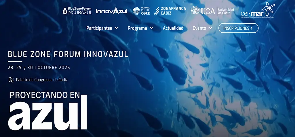 Cartel azul de Blue Zone Forum InnovAzul con peces y datos del evento en Cádiz.
