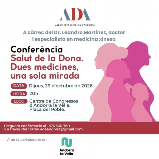 Cartel de conferencia sobre salud de la mujer con siluetas femeninas en tonos rosas.