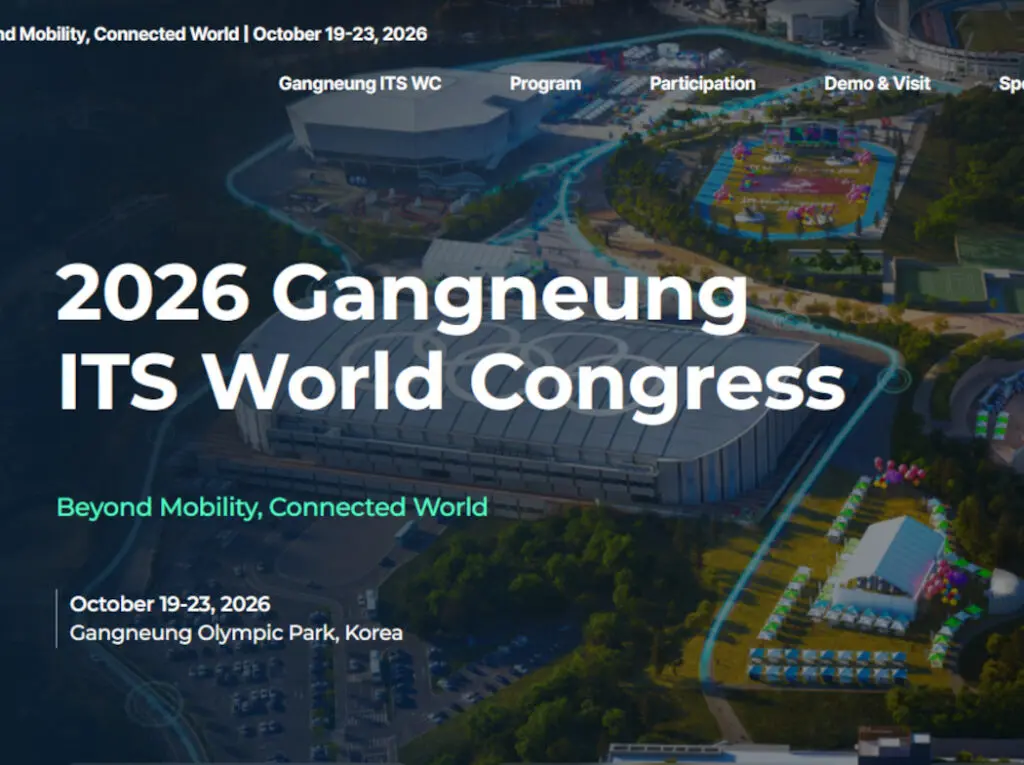 Cartel del Congreso Mundial ITS 2026 con vista aérea del recinto de Gangneung.