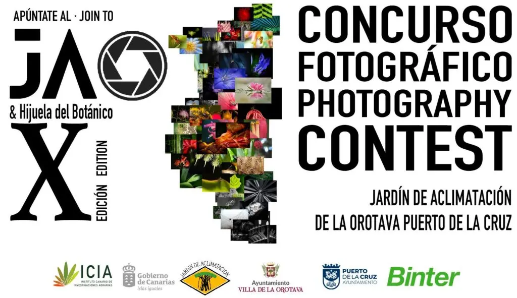 Cartel del décimo concurso fotográfico JAO con mosaico de imágenes botánicas y logotipos.