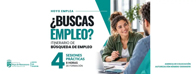 Cartel del itinerario de búsqueda de empleo Cartel de Hoyo Emplea anuncia cuatro sesiones prácticas para la búsqueda de empleo