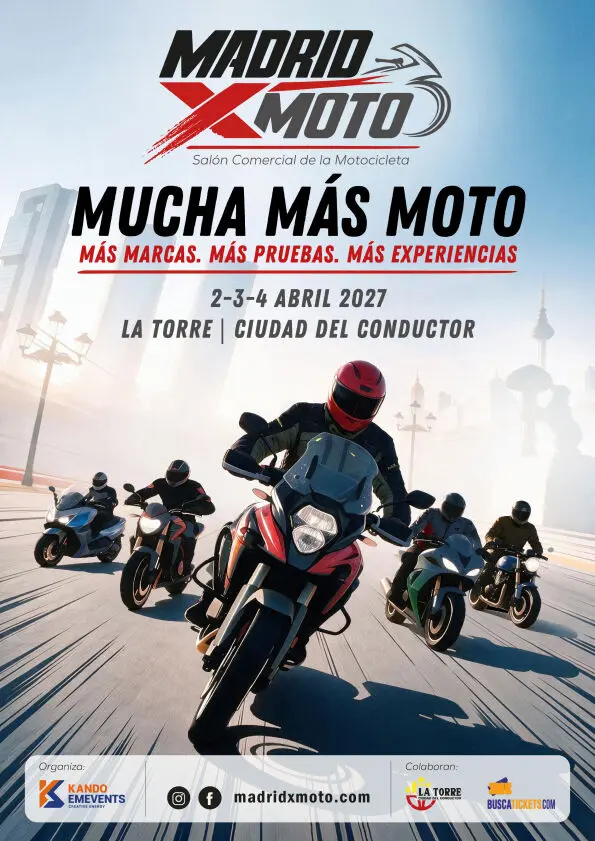 Cartel de Madrid X Moto 2027 Cartel ilustrado de Madrid X Moto con motociclistas y fechas de abril de 2027