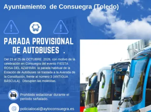 Cartel de parada provisional de autobuses Cartel anuncia parada provisional de autobuses en Consuegra del 23 al 25 de octubre