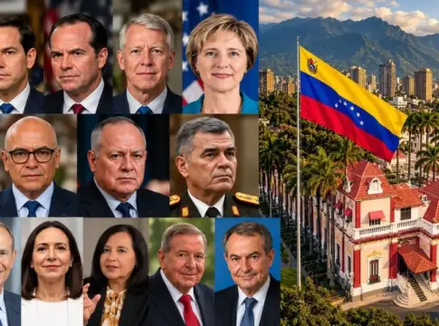 Retratos junto a la bandera venezolana Collage de retratos junto a una bandera venezolana y una vista urbana