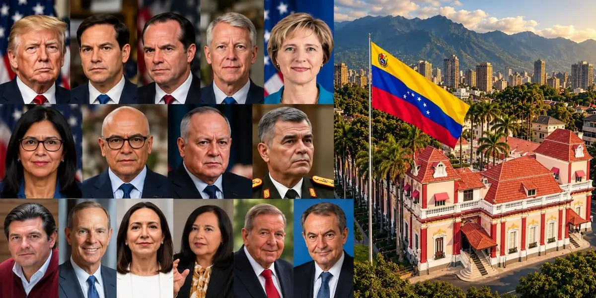 Collage de retratos junto a una bandera venezolana y una vista urbana